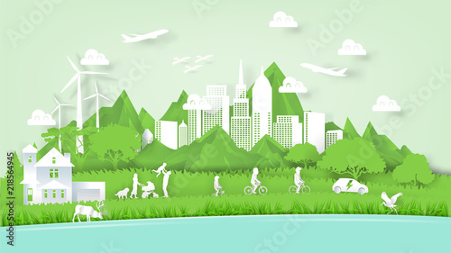 Illustration vector of modern eco world environment and happiness family people, graphic design of ecology modern world in paper art style