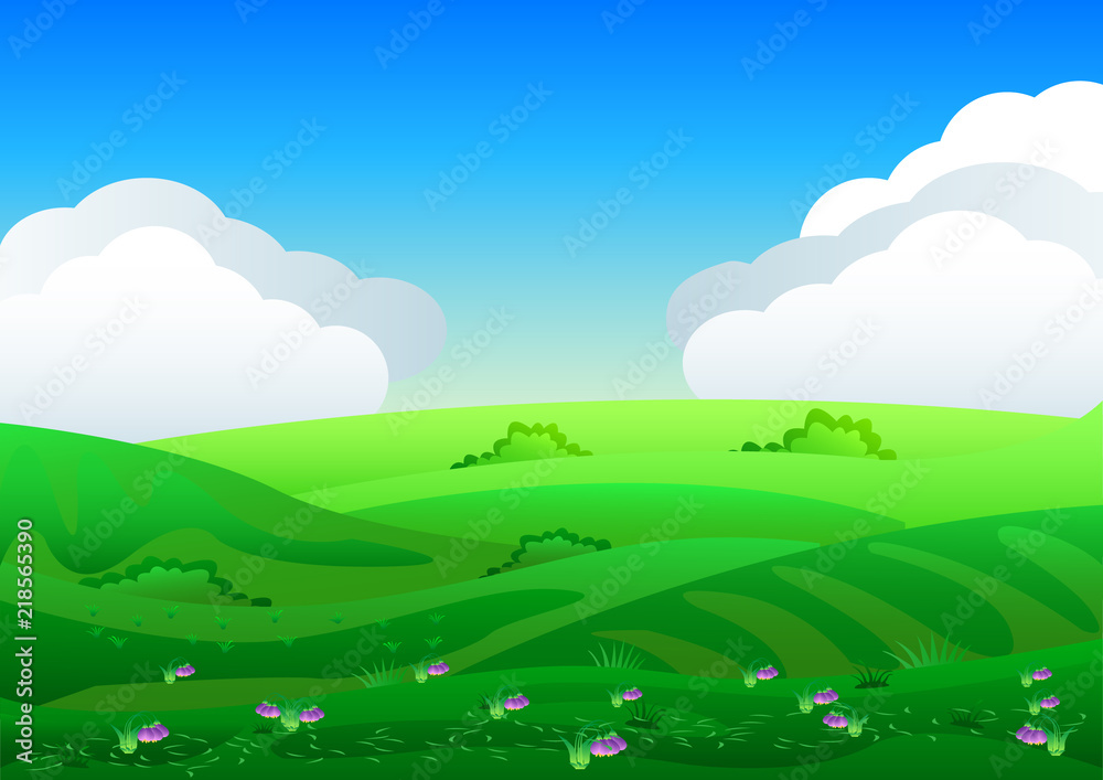 Plakat Piękne pola krajobraz o świcie, zielone wzgórza, jasny kolor błękitne niebo, tło w stylu cartoon płaski.