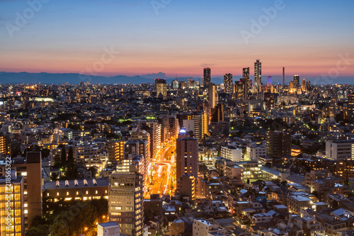 Tokyo cityscape at night, view of skyscrapers at sunset