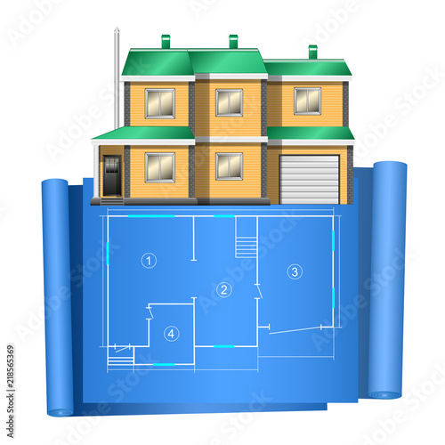 realistic cottage, private house, with adrawing plan on blue paper