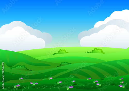 Beautiful fields landscape with a dawn  green hills  bright color blue sky  background in flat cartoon style. 