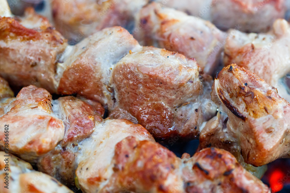 Barbecue skewers with meat on the brazier. Pork shish kebab Barbecue skewers with meat on the brazier. Pork shish kebab