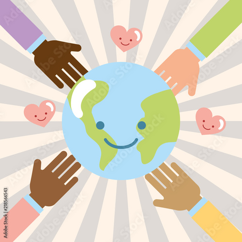hands multiethnic world kawaii love donate charity vector illustration