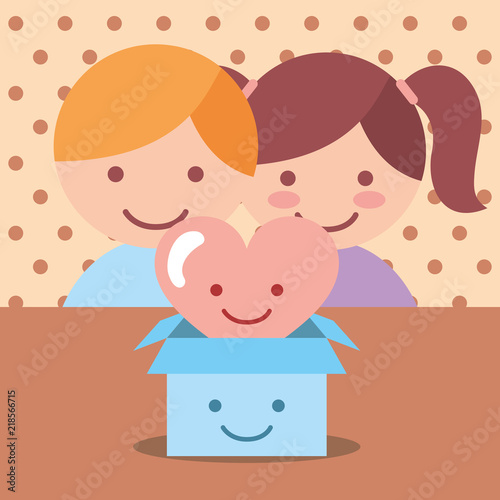 cute boy and girl heart love in box donate charity vector illustration