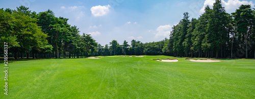 Fototapeta Naklejka Na Ścianę i Meble -  Panorama view of Golf Course with fairway field in Chiba Prefecture, Japan. Golf course with a rich green turf beautiful scenery.