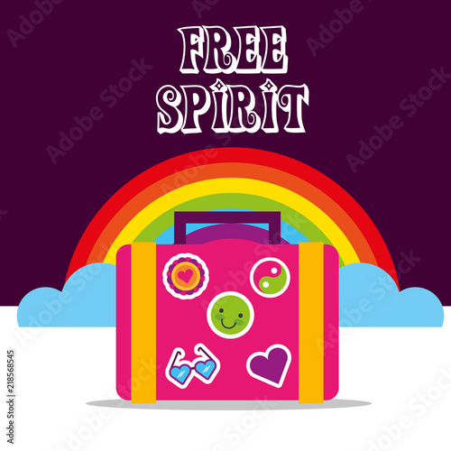 suitcase with stickers rainbow clouds hippie free spirit vector illustration