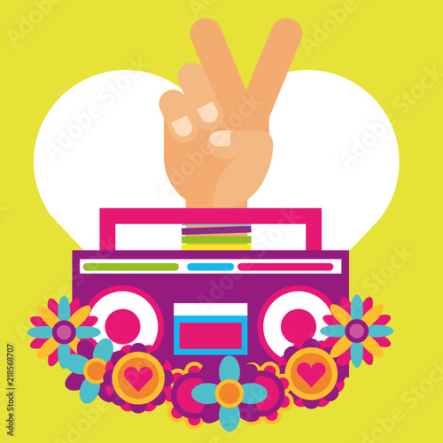 stereo radio hand pece and love flowers hippie free spirit vector illustration
