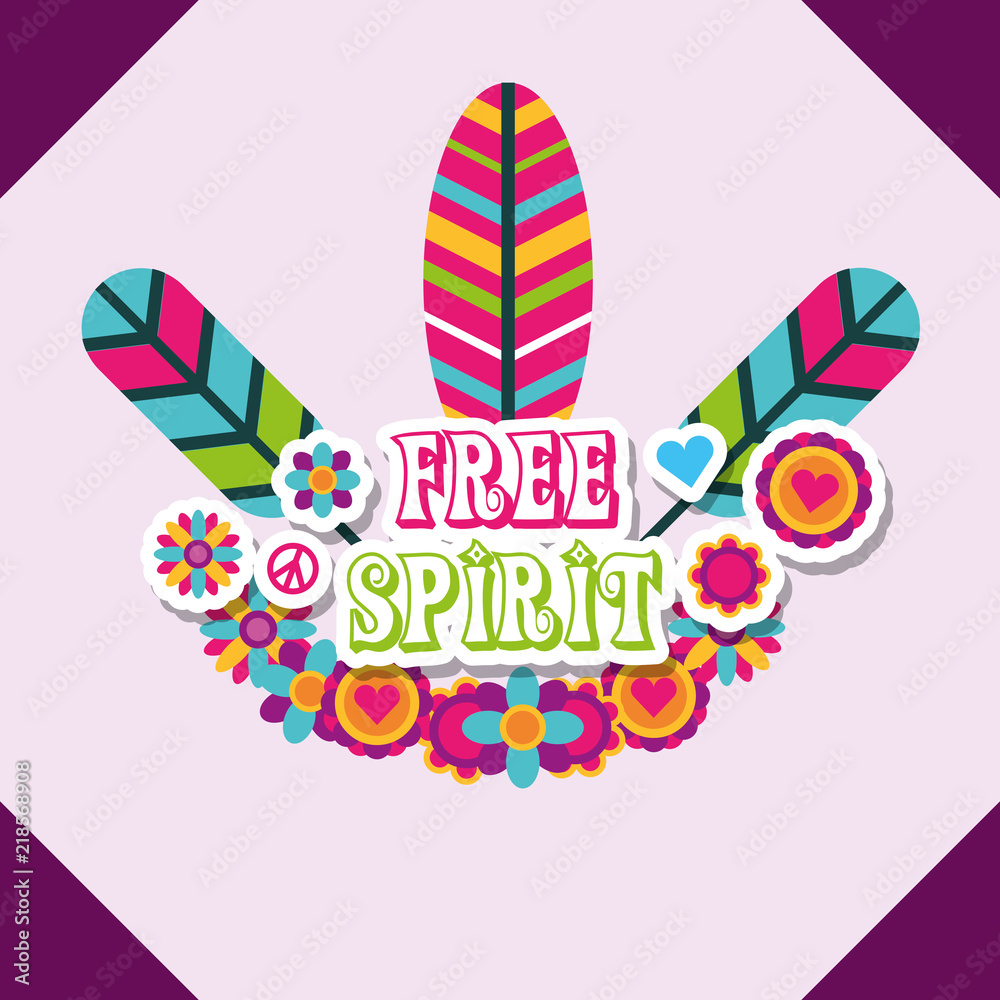 multicolored feathers flowers retro hippie free spirit vector illustration