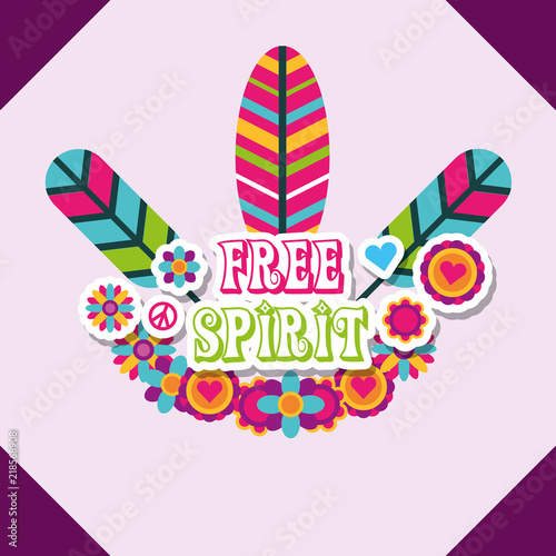 multicolored feathers flowers retro hippie free spirit vector illustration