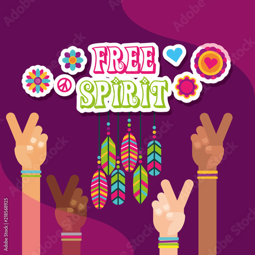 hippie multi ethnic hands peace love feathers flowers free spirit vector illustration