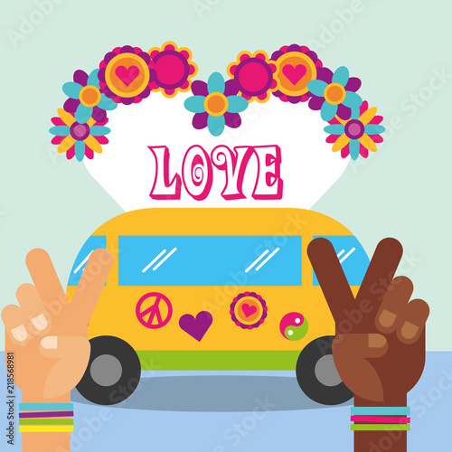 multiracial hands van flower love hippie free spirit vector illustration