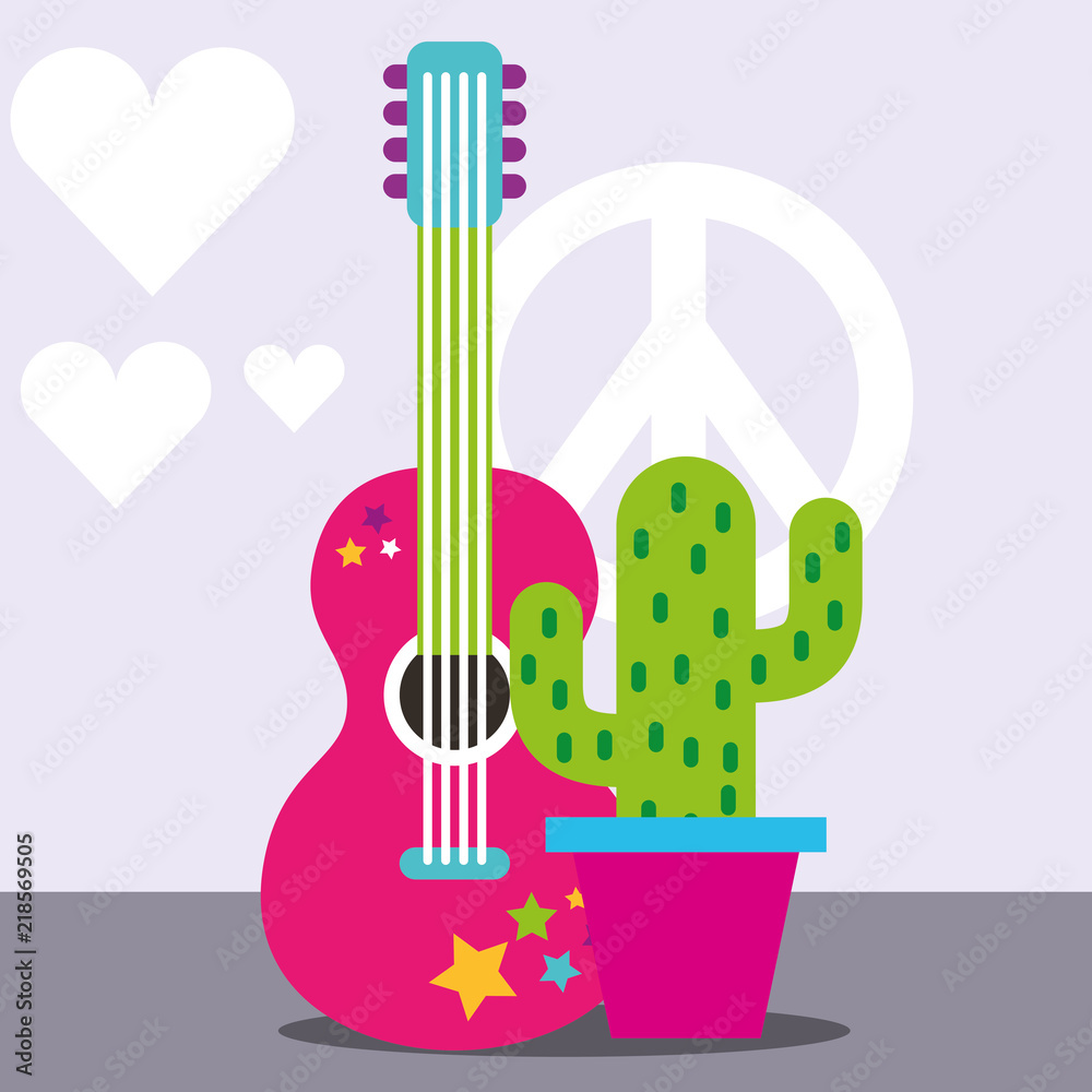 musical guitar potted cactus peace and love free spirit vector illustration