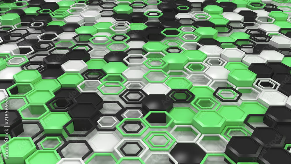 Fototapeta premium Abstract 3d background made of black, white and green hexagons on white background