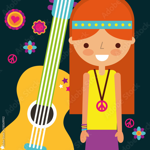 hippie woman with guitar musical instrument retro vector illustration