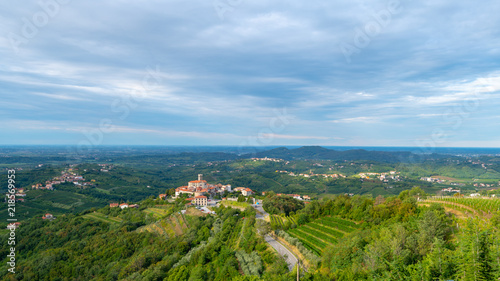 Panoramic view of Smartno in Gorska Brda, Slovenia from above with surrounding vineyards