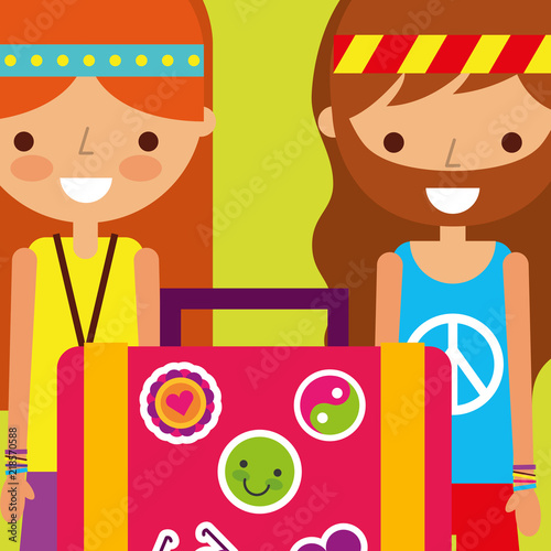 hippie woman with suitcase classic free spirit vector illustration