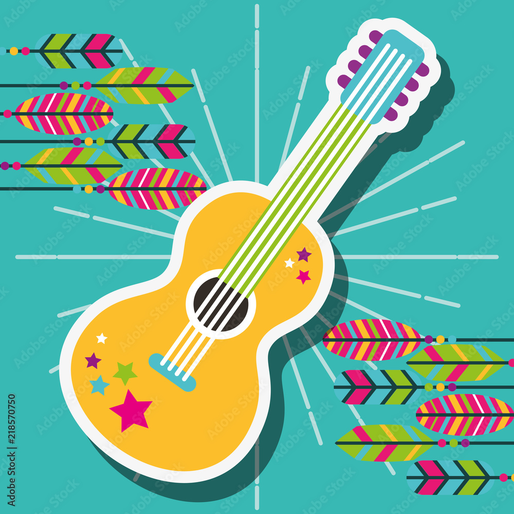 Obraz premium retro guitar with stickers and feathers free spirit vector illustration