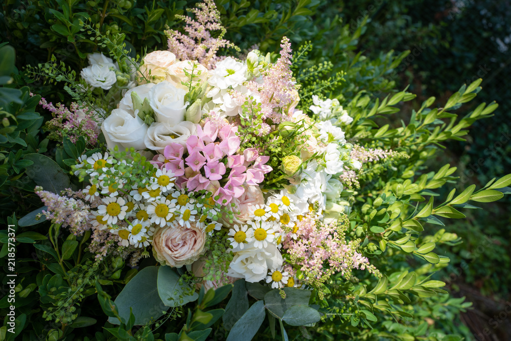 Wedding flower bouquet, collection of flowers in a creative arrangement. 