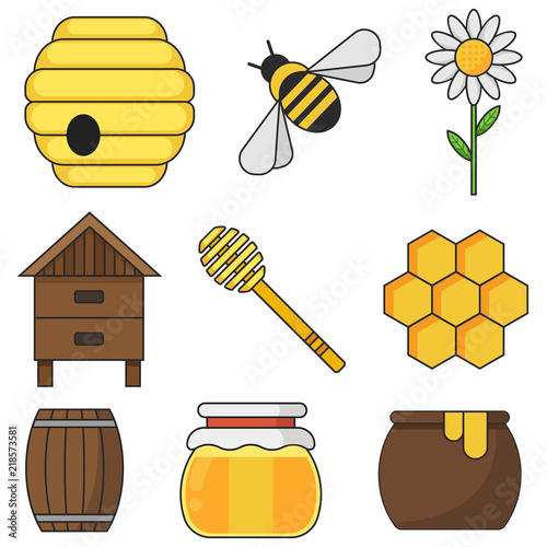 Set of colored honey icons on an isolated white background in a flat design. Such as a beehive, an apiary, a honey dipper, a pot, a honeycomb, a can, a barrel, a bee, a cane