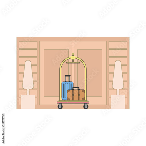 Luggage trolley in the hotel. Line art. Vector illustration