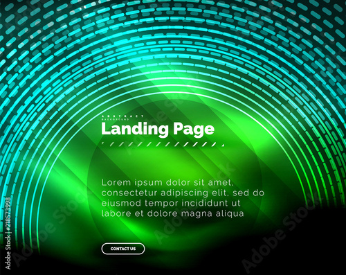 Neon glowing techno lines, hi-tech futuristic abstract background template with circles, landing page template photo