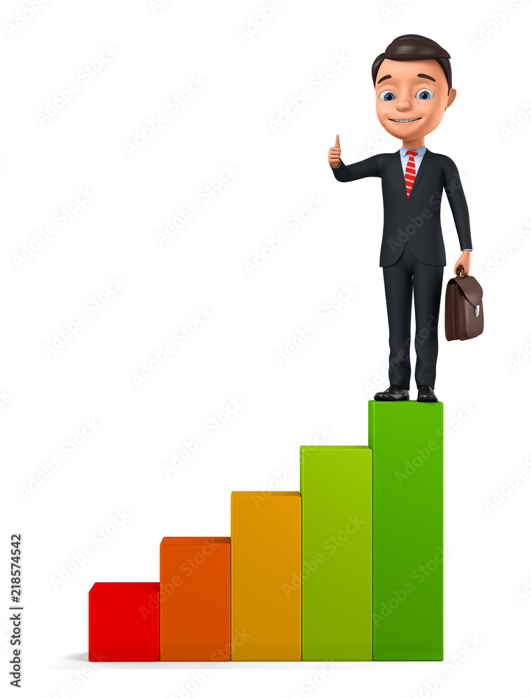 Businessman showing thumb up while climbing stairs on white background. 3d render illustration. Businessman showing thumb up while climbing stairs on white background. 3d render illustration.