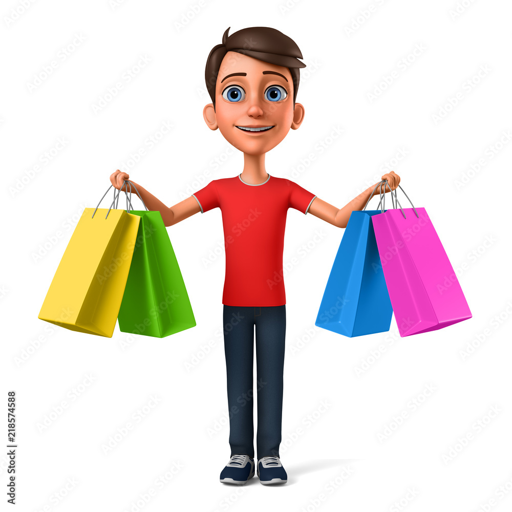 Man with shopping on a white background. 3d render illustration. Man with shopping on a white background. 3d render illustration.