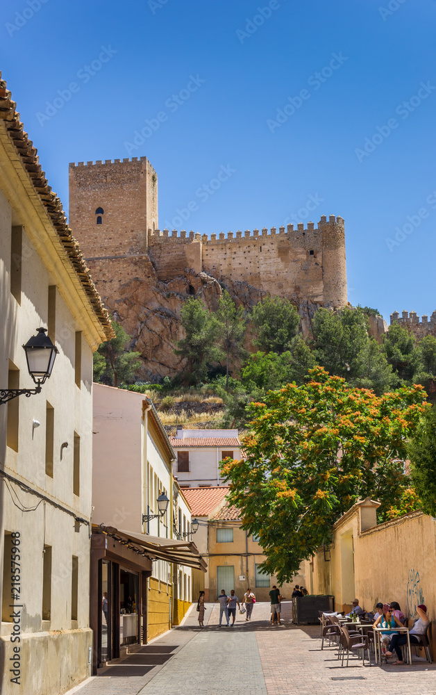 Street and hilltop castle of Almansa, Spain