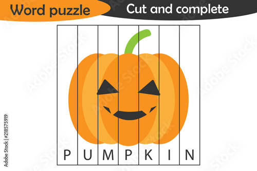 Word puzzle, pumpkin in cartoon style, halloween education game for development of preschool children, use scissors, cut parts of the image and complete the picture, vector illustration
