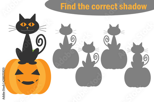 Find the correct shadow  halloween game for children  cartoon cat and pumpkin  education game for kids  preschool worksheet activity  task for the development of logical thinking  vector illustration
