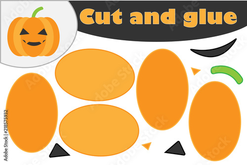 Cartoon pumpkin, halloween education game for the development of preschool children, use scissors and glue to create the applique, cut parts of the image and glue on the paper, vector illustration