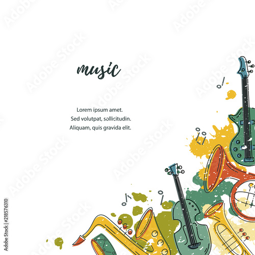 Template for music festival, jazz party, invitation, greeting card, concert poster. Vector illustration with saxophone, guitar, violin, french horn, drum. Flat style.