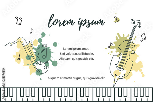 Template for music festival, jazz party, invitation, greeting card, concert poster, web, school of music. Vector illustration with saxophone, double bass and piano keyboard. Flat style.