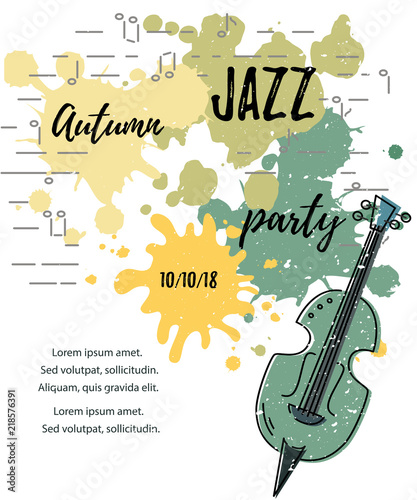 Template for music festival, jazz party, invitation, greeting card, concert poster. Vector illustration with contrabass and painting splash. Flat style.