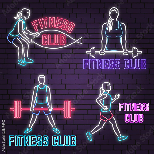 Set of neon fitness club sign on brick wall background. Vector illustration.