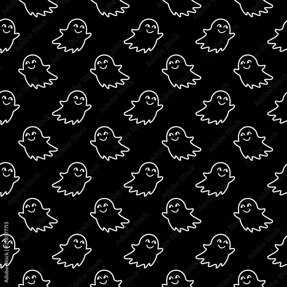 Halloween festive seamless pattern. Black endless background with smiling cute ghosts. Linear vector illustration Halloween festive seamless pattern. Black endless background with smiling cute ghosts. Linear vector illustration