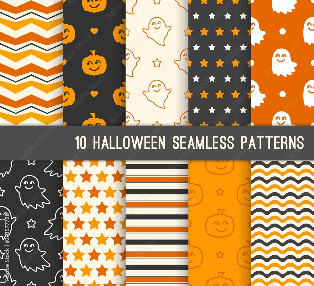 Obraz premium Ten Halloween different seamless patterns. Endless texture for wallpaper, web page background, wrapping paper and etc. Smiling cute ghosts and pumpkins