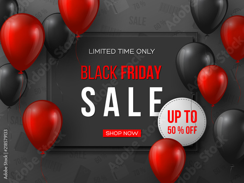 Black Friday sale banner. 3d red and black realistic glossy balloons with text in frame and discount tag. Grey pattern background. Vector illustration.