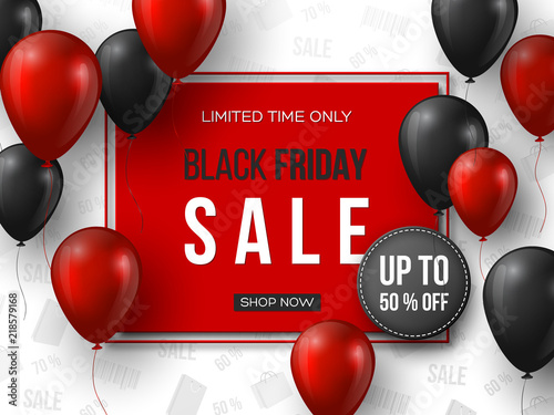Black Friday sale banner. 3d red and black realistic glossy balloons with text in frame and discount tag. White pattern background. Vector illustration.
