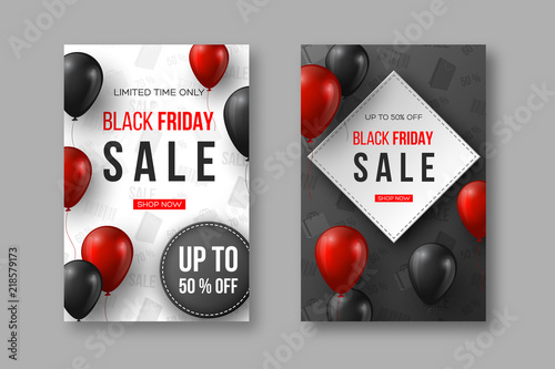 Black Friday sale posters. 3d red and black realistic glossy balloons with text and discount tag. Grey and white pattern background. Vector illustration.