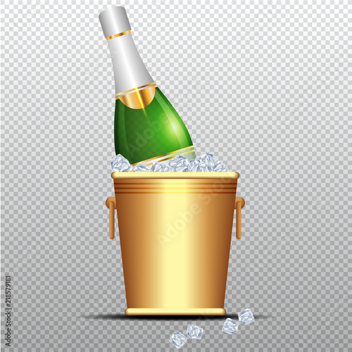 festive cold bottle of champagne in ice bucket on transparent background