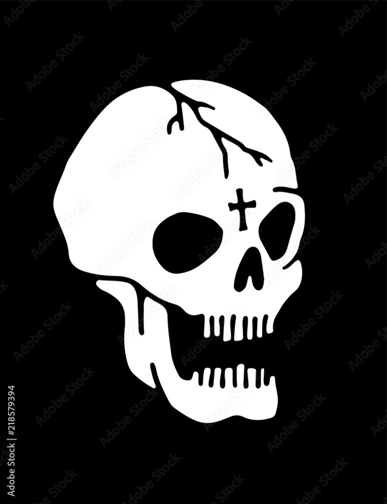  A laughing handdrawn human skull with a cross on the forehead