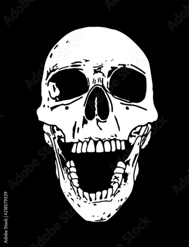 A laughing human skull illustration hand drawn on a black background (ID: 218579339)