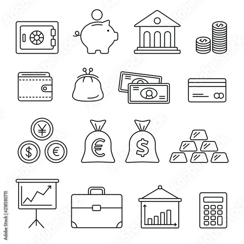 Financial management related icons: thin vector icon set, black and white kit