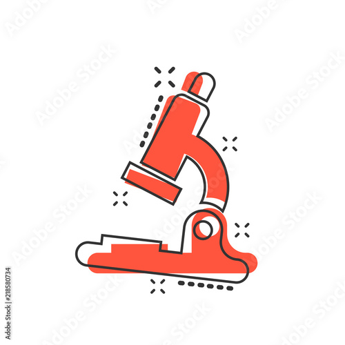 Vector cartoon microscope lab icon in comic style. Microscope sign illustration pictogram. Chemistry discovery business splash effect concept.