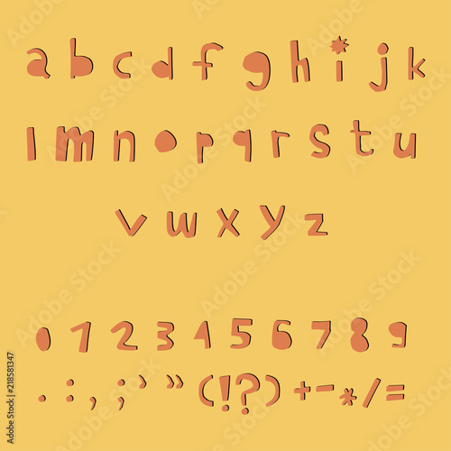 Carved alphabet number and punctuation marks. Rustic font. Vector ABC