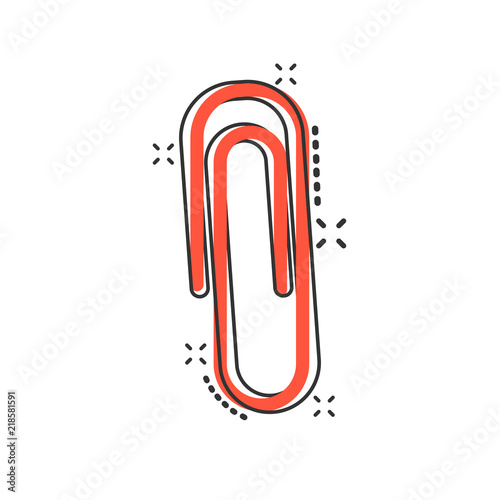 Vector cartoon paper clip attachment icon in comic style. Paperclip concept illustration pictogram. Attach file business splash effect concept.