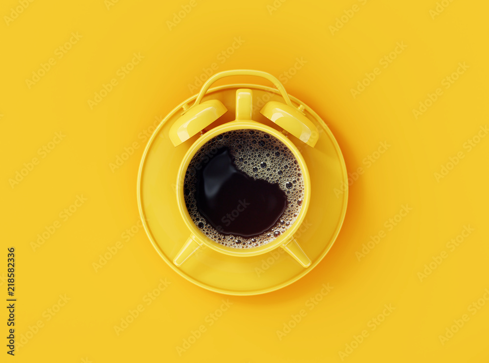 Coffee clock on yellow background. creative idea. minimal concept - obrazy, fototapety, plakaty 