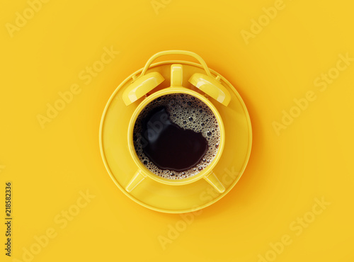Foto Coffee clock on yellow background. creative idea. minimal concept