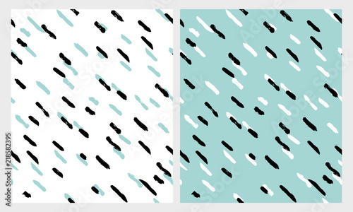 Abstract  Hand Drawn Brush Stripes Vector Patterns Set. Blue, Black and White Stripes. Blue and White Backgrounds.